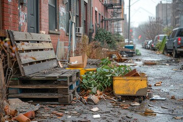 Obraz premium Pile of trash and debris is on the sidewalk in front of building. Scene is dirty and unkempt, with sense of neglect and abandonment