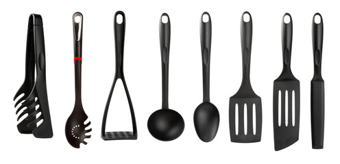 Kitchen utensils.Kitchen tools set isolated on white background. Banner design.Home kitchen utensils.Food preparation tools.Spatulas, meat tongs and spoons.