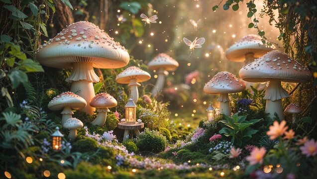 A magical forest setting features large mushrooms under gentle lighting