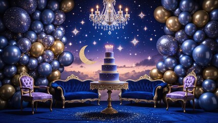 A striking birthday decoration displays a tiered cake at the center, surrounded by plush seating and an enchanting starry backdrop. The atmosphere exudes elegance and festivity