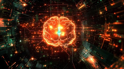 Obraz premium Glowing digital brain illustrating artificial intelligence and neural networks