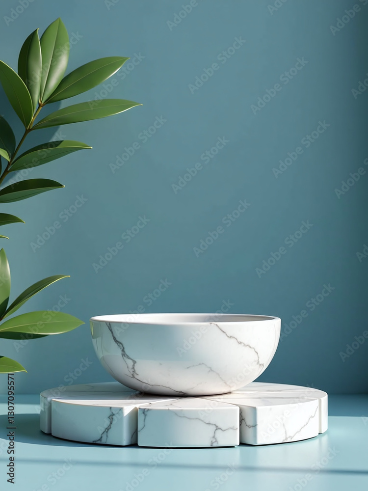 Poster a 3d rendered image of a marble product display with a serene natural scene featuring leaves on a bl