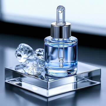Clean skincare aesthetic, tranexamic acid serum in transparent dropper, icy blue formula, soft-focus skin, modern clinical lab-inspired design, sharp lighting 
