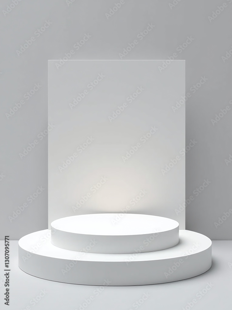 Poster a 3d geometric platform displays a product on a vacant stage with sales presentation banner, empty s
