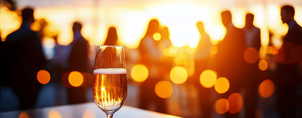 glass of champagne in focus with blurred silhouettes of people at sunset