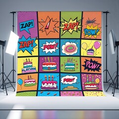 Obraz premium A vibrant birthday backdrop showcases comic-style elements including colorful cakes, balloons, and playful words like Zap and Pow, creating a cheerful atmosphere for festivities