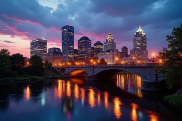 Fototapeta premium Minneapolis skyline, Stone Arch Bridge at dusk Stunning cityscape view , photography, Minneapolis