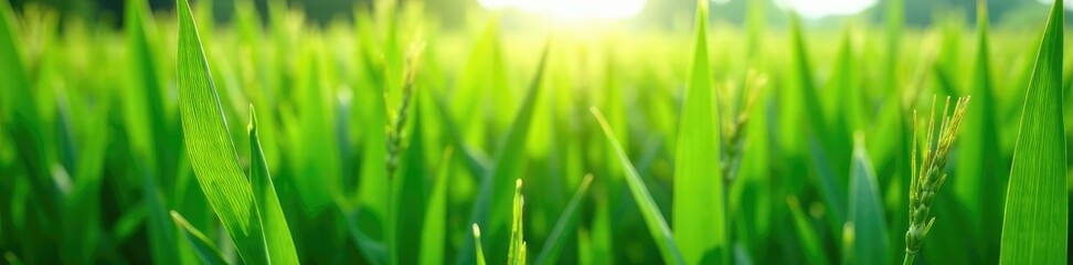 Obraz premium Green corn stalks sway gently in the spring breeze, field, green, corn