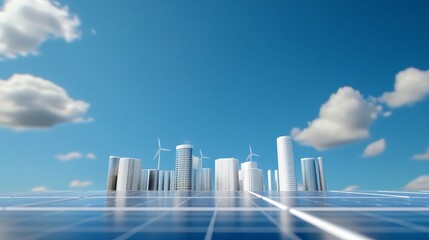 Fototapeta premium Futuristic city skyline powered by renewable energy, featuring white skyscrapers, wind turbines, and expansive solar panels under a bright blue sky with fluffy clouds. A clean energy vision.