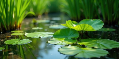 Green duckweed in a small pond with water lilies and cattails, duckweed, algae