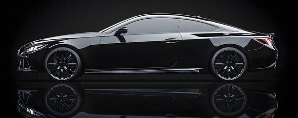 Sleek black coupe car showcased on a reflective surface