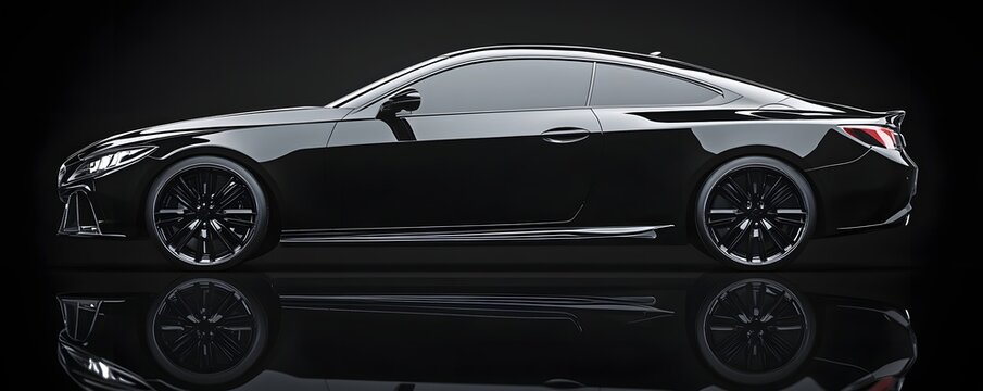 Sleek black coupe car showcased on a reflective surface - Powered by Adobe