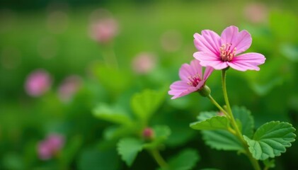 Green foliage surrounds delicate wild geranium flowers, flowering, herbaceous, wildflower