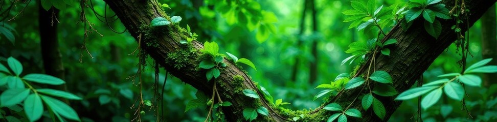 Obraz premium Green fronds and vines intertwine tree trunks, vines, branches