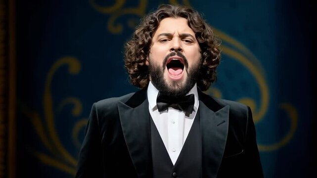 Opera Singer Performing on Theater Stage. Tenor sings a long high note