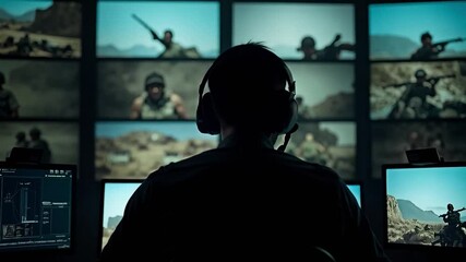 Military intelligence officer monitoring battlefield operations in surveillance room - Powered by Adobe