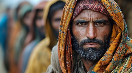 Obraz premium Workers benefiting a social program in an Indo Pak village receiving goods and pensions They are dressed in traditional clothing symbolizing hope for a better life amidst their daily struggles