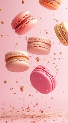Colorful French macarons dance in mid-air against a soft pink backdrop, surrounded by tiny crumbs that create a whimsical atmosphere of delight and indulgence