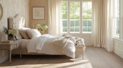 Luxurious bedroom with large windows and beige decor