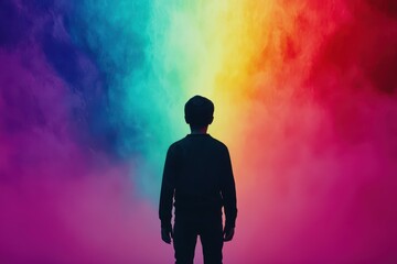 A child frozen in awe as a raincloud bursts into a holographic rainbow above their head, Futuristic Fantasy, Vivid Colors.