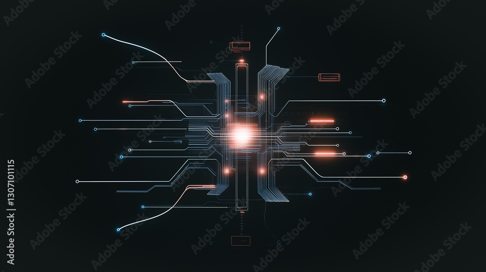 Poster digital circuitry: a dynamic digital circuit, illuminated with bright lights, pulses with data trans