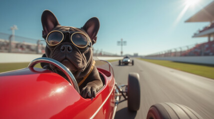 Dog wearing sunglasses in red race car on racetrack, enjoying ride