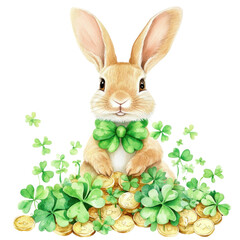 Obraz premium Lucky Bunny's Treasure: An adorable bunny, adorned with a vibrant green bow tie, sits amidst a trove of gold coins and lucky shamrocks, radiating charm and whimsical delight.