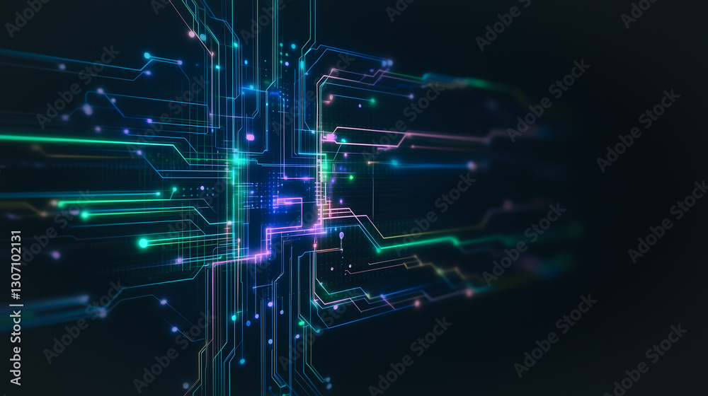Poster circuitry: captivating digital connection: a mesmerizing display of interconnected circuits, bathed 