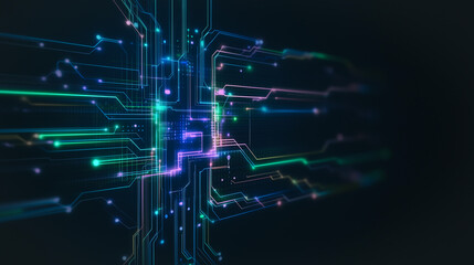 Obraz premium Circuitry: Captivating Digital Connection: A mesmerizing display of interconnected circuits, bathed in radiant neon colors, evokes the essence of advanced technology and seamless data flow.