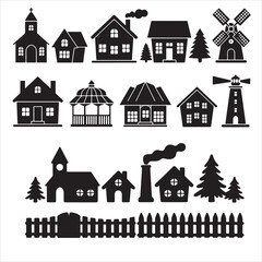 set of vector Christmas village silhouette	
