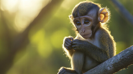 Baby monkey perched on sunlit branch with bright eyes
