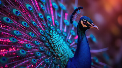 vibrant peacock displays its colorful feathers, showcasing stunning iridescence and intricate patterns