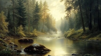A calm river flowing through a dense forest, soft reflections of the trees on the water, peaceful and serene, high definition.