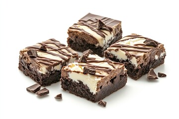 Chocolate brownies with vanilla ice cream and chocolate drizzle isolated on white background 