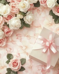 Elegant roses surround a gift box on petals.