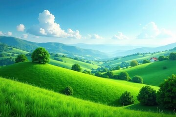 Fototapeta premium Gentle undulations, emerald pastures, azure above, farm, day