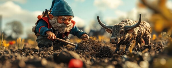 Garden Gnome Tending to Soil with Toy Bull in Vibrant Garden Scene