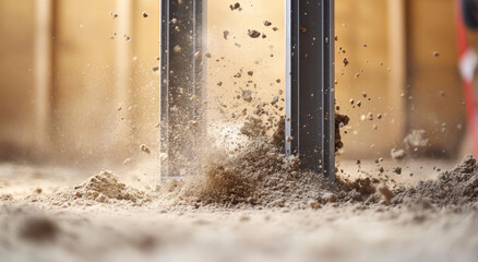 Aluminum window frame is being installed in a construction area, with dust and debris created during the process, highlighting the activity
