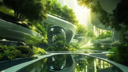 A futuristic corporate environment, demonstrating the evolution towards green business transformation through green marketing techniques