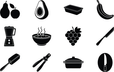 Kitchen Utensils, Fruits, and Food Preparation Icons Set
