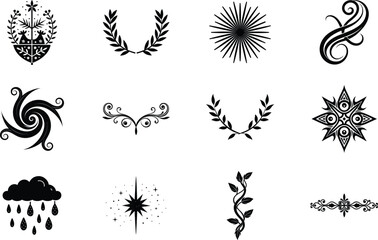 Ornamental Design Elements Flourishes, Wreaths, Stars, and Nature