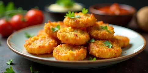 Fototapeta premium Pile of crispy onion bhajis on a plate, vibrant colors, golden, recipe