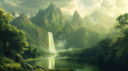 Fototapeta premium A Majestic Mountainous Landscape Featuring a Waterfall and River