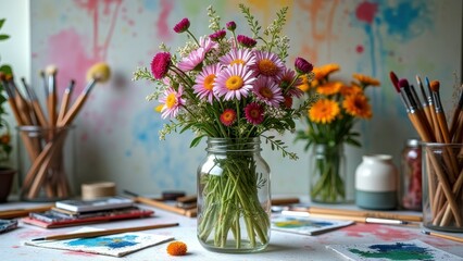 Vibrant bouquet with daisies and art supplies on colorful studio table