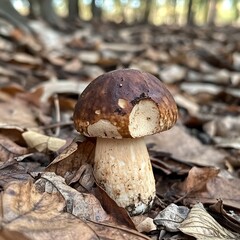 Forest mushroom in autumn leaves