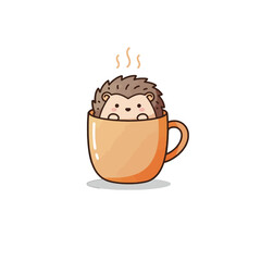 Cute Hedgehog Sitting in a Steaming Orange Mug of Coffee or Tea