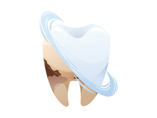 Vector isolated Cartoon illustration of a dirty tooth being cleaned, transforming into a healthy white one with a shiny effect. Concept of dental hygiene, tooth whitening, and oral care.