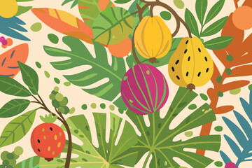Tropical foliage vector illustration. Lush leaves, and vibrant fruits in a botanical design. Abstract elements perfect for prints, backgrounds, and decor.