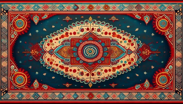 a rug with a red and blue design in the center