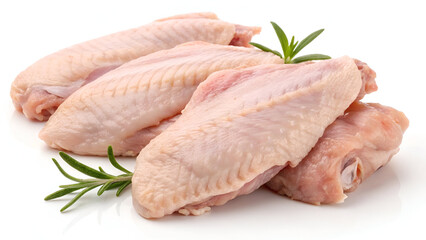 Raw chicken wings, isolated on a white background, showcasing their fresh texture and natural pinkish hue.